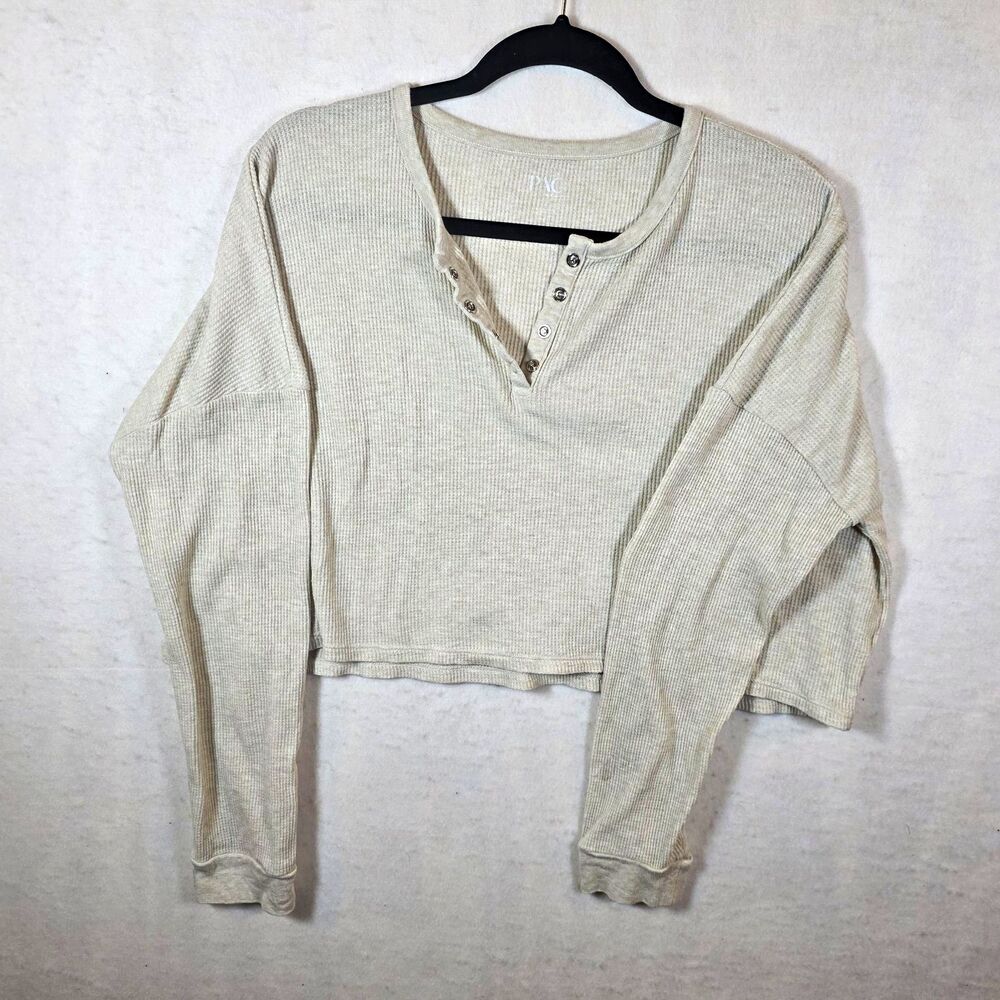 PAC Women's M Beige Waffle Knit Cropped Long Sleeve Henley Top Button